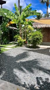 a gravel driveway with palm trees and a building at Yay Lodge SIARGAO, private room 2 with AC & hot shower and fast Starlink Wifi in General Luna