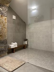 La salle de bains est pourvue d'une douche et d'un mur en pierre. dans l'établissement Le Jardin Suspendu Vieux-Lyon - Option Garage, à Lyon