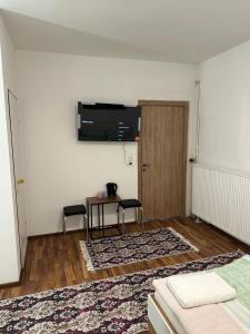 a living room with two chairs and a television on the wall at Privat zimmer ERONN VEİTSCH in Veitsch