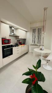 uma cozinha com armários brancos e uma mesa e uma planta em Birimari house em Arezzo