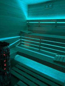 a sauna with blue lights in a room at Cabana The One in Beliş