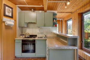 a kitchen with green cabinets and a sink at Cabin by the river with Sauna in Polhov Gradec