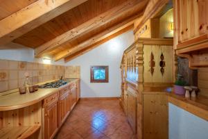 a kitchen with wooden cabinets and a counter top at Baita Vioz in Peio