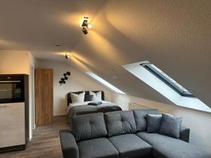- un salon avec un canapé et une lucarne dans l'établissement Ferienwohnung Zeitz - Weiße Elster Apartment Nr 9, à Zeitz