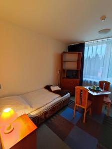 a bedroom with a bed and a table and a desk at Płonia Economy in Szczecin