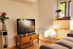 sala de estar con TV de pantalla plana sobre una mesa en Maison de charme au calme, en Villeneuve-sur-Bellot