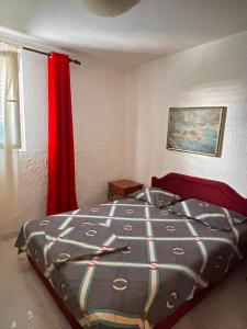 ein Schlafzimmer mit einem Bett und einem roten Vorhang in der Unterkunft Apartmani Vila Marija in Budva