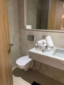 La salle de bains est pourvue de toilettes, d'un lavabo et d'un miroir. dans l'établissement Appartement neuf climatisé, centre Marrakech., à Marrakech