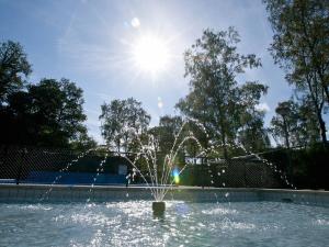 a fountain in a pool with the sun in the sky at Recreatiepark de Wrange in Doetinchem