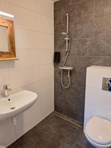 a bathroom with a shower and a toilet and a sink at Stad & Strandhotel Elisabeth in Vlissingen