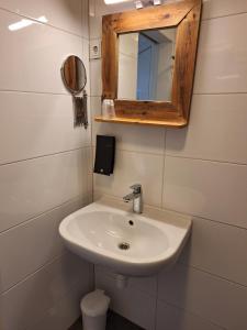 a bathroom with a sink and a mirror at Stad & Strandhotel Elisabeth in Vlissingen