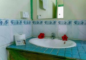 y baño con lavabo blanco y espejo. en Waya Lailai Eco Haven, en Wayasewa Island