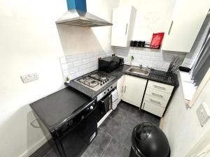 uma pequena cozinha com um fogão e um lavatório em Three Rose Manor At Warwick Road Near Birmingham Airport em Birmingham