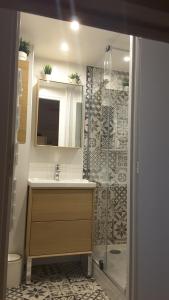 uma casa de banho com um chuveiro, um lavatório e um espelho. em Studio douillet aux deux Alpes em Les Deux Alpes