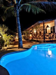 a swimming pool in front of a house at night at Villa Kikadini in Jambiani