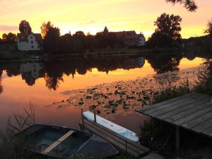 a lake with a bunch of ducks in the water at Ferienwohnungen Schiffstatt in Guxhagen