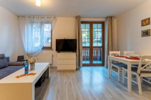 TV a/nebo společenská místnost v ubytování Apartament Spokojna Przystań w centrum z prywatnym parkingiem - by SpaceApart