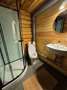 a bathroom with a toilet and a sink at Salmiņu Pirtsmāja ar relaksējošu baļļu in Pastva Barbern