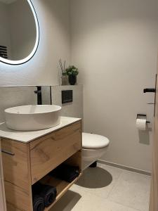 La salle de bains est pourvue d'un lavabo, de toilettes et d'un miroir. dans l'établissement Val Signina 6-21, à Laax