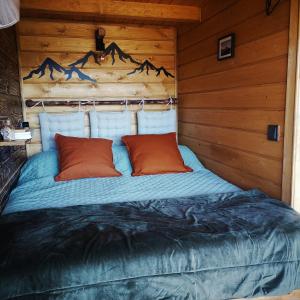 蓬蒂達巴爾卡的住宿－Casas D'Aldeia Arcos de Valdevez，小屋内一张带两个橙色枕头的床