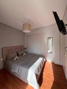 a bedroom with a bed and a flat screen tv at TopCentral Apartment in Larisa