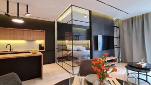 a living room with a kitchen and a bedroom at Apartament Zygmuntowski in Gliwice
