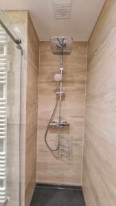 a shower in a bathroom with a glass door at Apartament Zygmuntowski in Gliwice