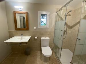 y baño con aseo, lavabo y ducha. en Villas de La Ferme Du Gros Noyer en Malaucène