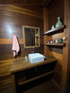 La salle de bains est pourvue d'un lavabo et d'un miroir. dans l'établissement Pousada Casa Fraternità, viva momentos de tranquilidade em contato com a natureza., à Andaraí