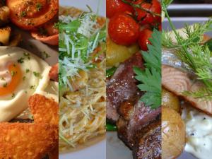 un collage de cuatro fotos diferentes de comida en The White Hart Country Inn, en Fulbourn