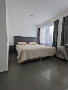 ein Schlafzimmer mit einem Bett und einem großen Fenster in der Unterkunft View in Kornwestheim