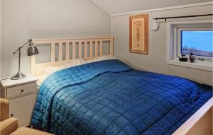 Un dormitorio con una cama azul y una ventana en Amazing Apartment In Hemnskjela With Kitchen, 