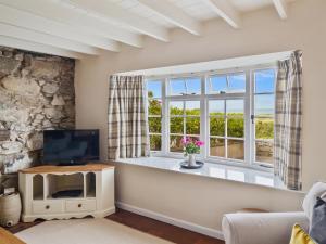 a living room with a tv and a window at Ty Gwartheg in Trevine