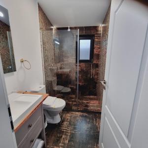 La salle de bains est pourvue d'une douche et de toilettes. dans l'établissement Chalet Amik, à Buşteni