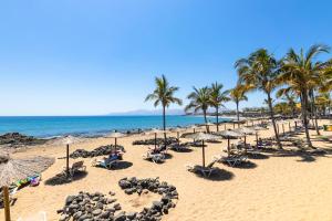- une plage avec des chaises, des parasols et des palmiers dans l'établissement Home2Book Modern Apt Puerto del Carmen, Terrace, à Puerto del Carmen