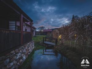 a pond in front of a house at night at Zloty Sen in Stronie Śląskie