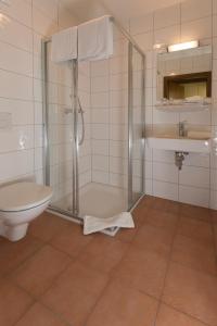 un bagno con doccia, WC e lavandino di Gasthof Zur Post a Ossiach