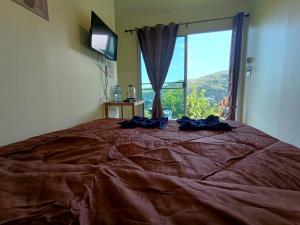 a bedroom with a large bed with a large window at Mon View Doi in Chiang Mai