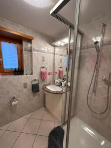 een badkamer met een wastafel en een douche bij Apartment Bergfreude in Saas-Grund