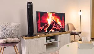 sala de estar con TV y chimenea en Single room Perfect for couples or singles, en Roşu