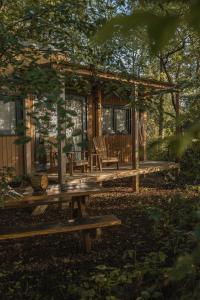 una cabaña en el bosque con una mesa de picnic en TinyParks Forest Cabins, en Hoogersmilde