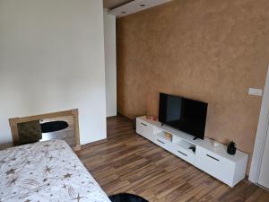 een slaapkamer met een bed en een flatscreen-tv bij L&V Apartmani in Novi Grad