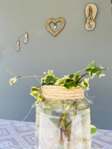 a plant in a jar on a table with a heart on the wall at Casa Cinza in Ponta do Ouro