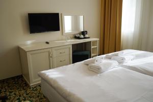 カルロヴィ・ヴァリにあるEA Hotel Elefantのベッド2台とシンク付きのホテルルームです。
