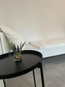 a black table with a plant on it next to a bed at Apartement Kingsize in Duisburg