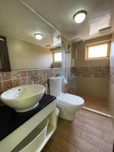 a bathroom with a sink and a toilet at Divewhale Homestay in Xiaoliuqiu