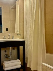 a bathroom with a sink and a shower curtain at 460 LOFT Apartments in San Carlos de Bariloche