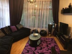 シナイアにあるApartament Stanca Piticuluiのリビングルーム(黒いソファ、紫の敷物付)
