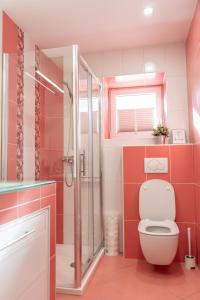 a pink bathroom with a toilet and a shower at Celje Center Apartment in Celje