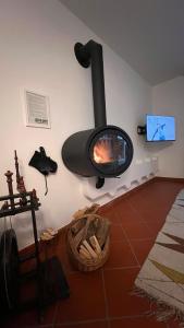 - un salon avec un poêle à bois sur le mur dans l'établissement Garden Suite, à Bolzano